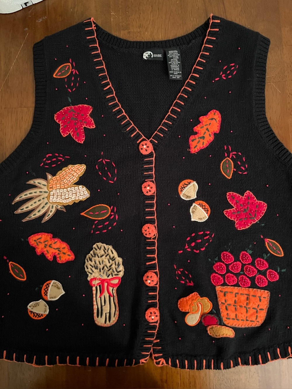 Holiday Editions Black Knit Sweater with Orange Stitch Detail Size Medium